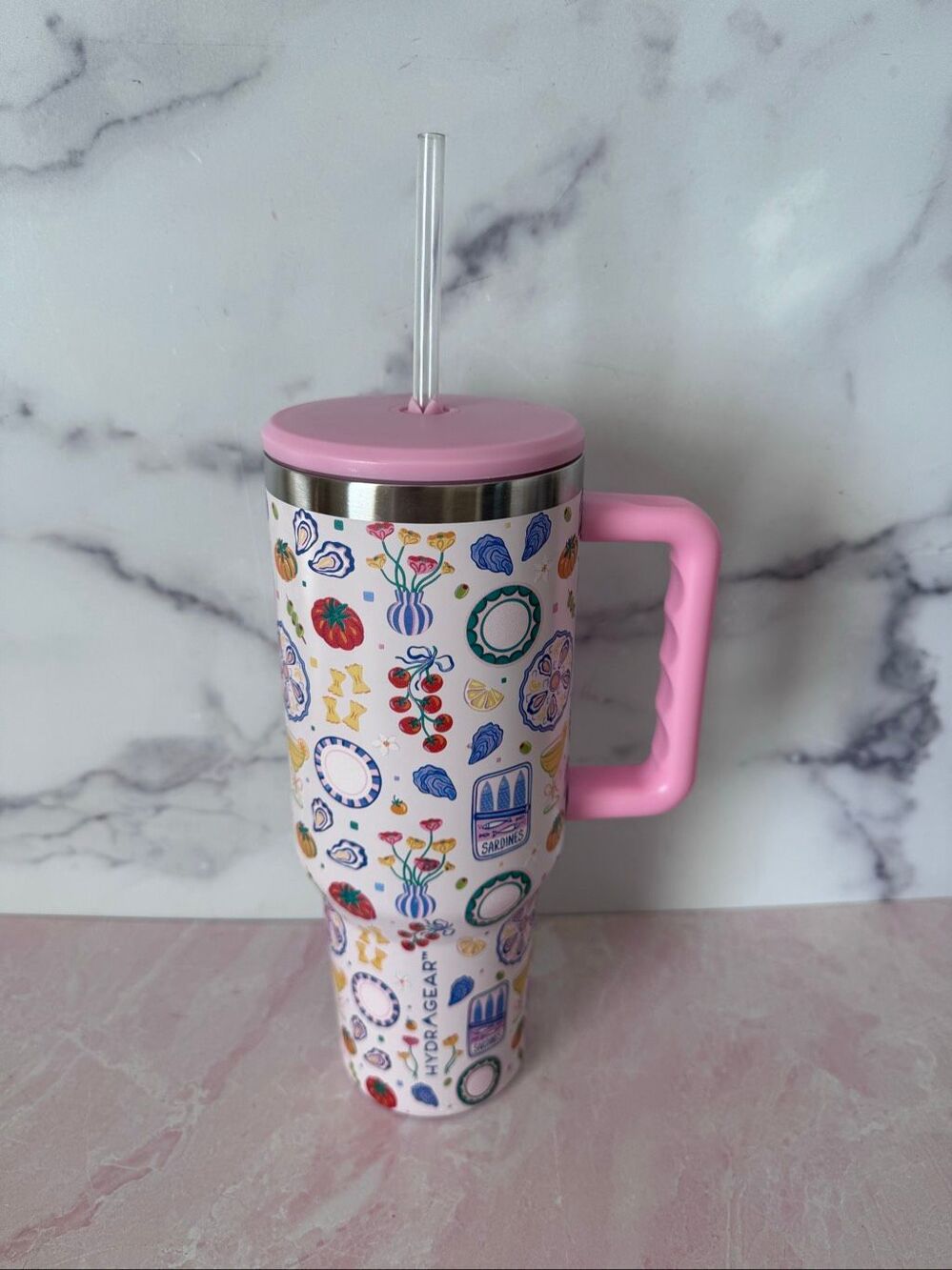 Hydrangear girl white pink Large thermal cup sardines Italian summer with straw